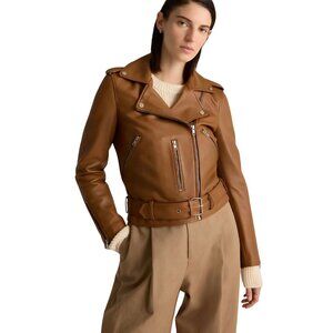 Rebecca Minkoff Faux Leather Cognac Brown Moto Jacket Belted Biker Size S